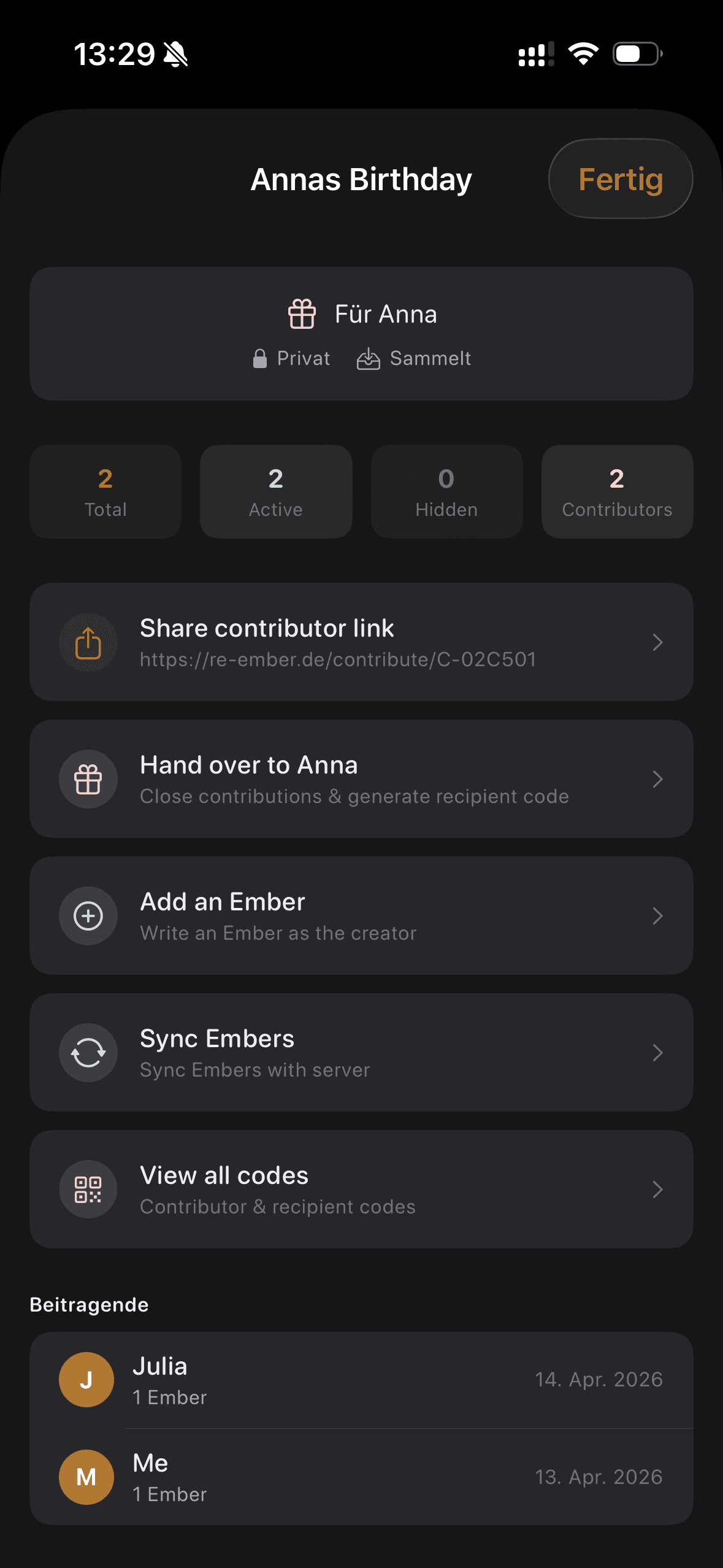 Managing a Gift Space for Anna's birthday in the app