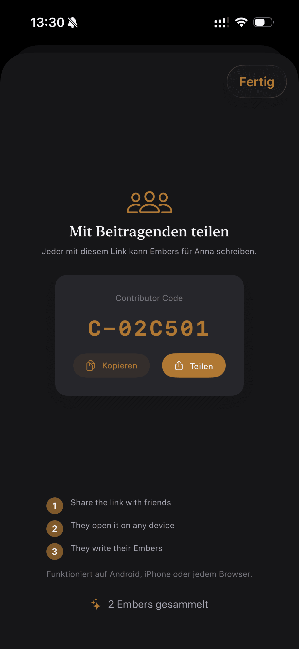 Sharing a Gift Space contributor code in the Re:Ember app