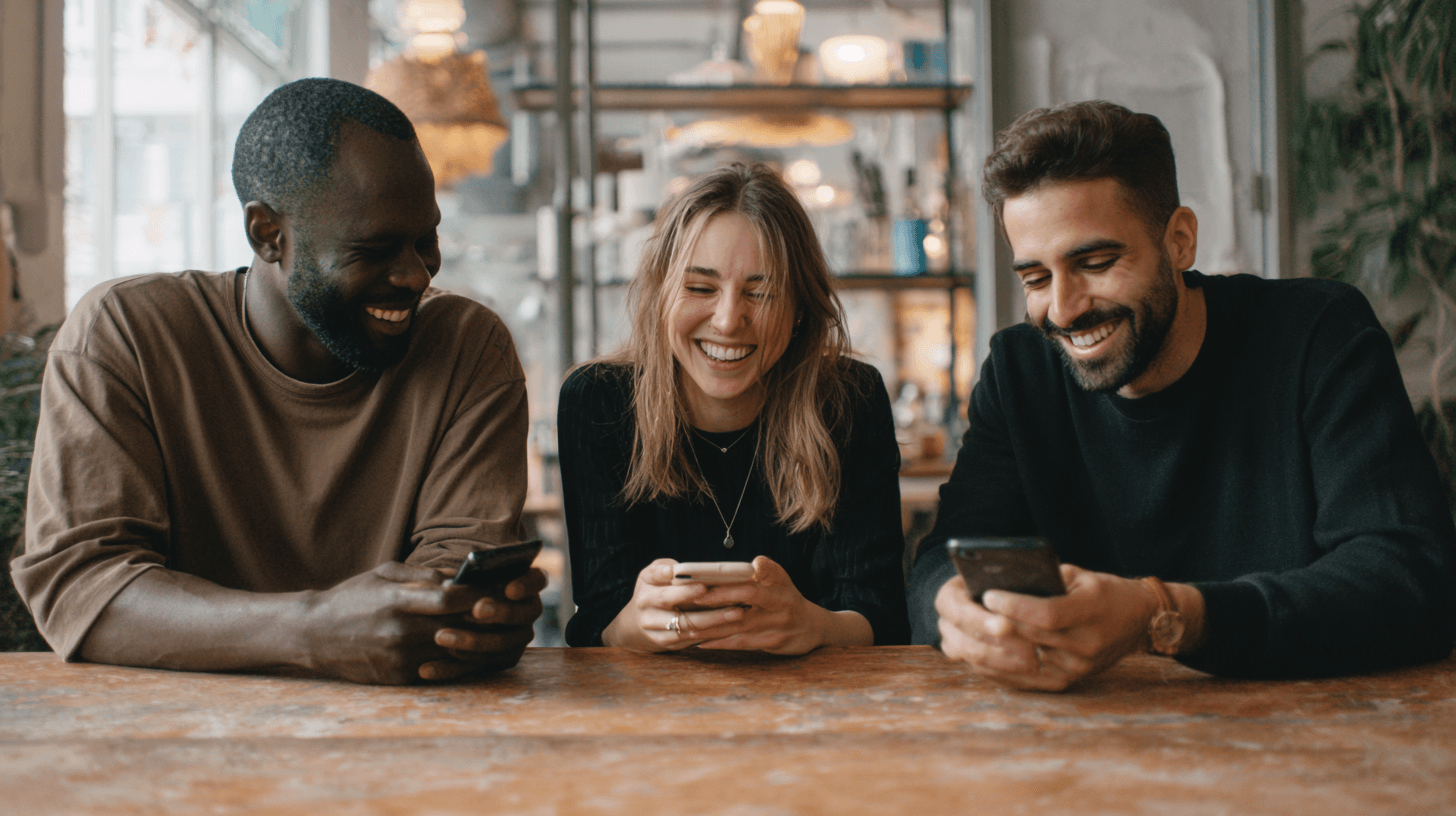 Three friends laughing together at a café, sharing a warm moment