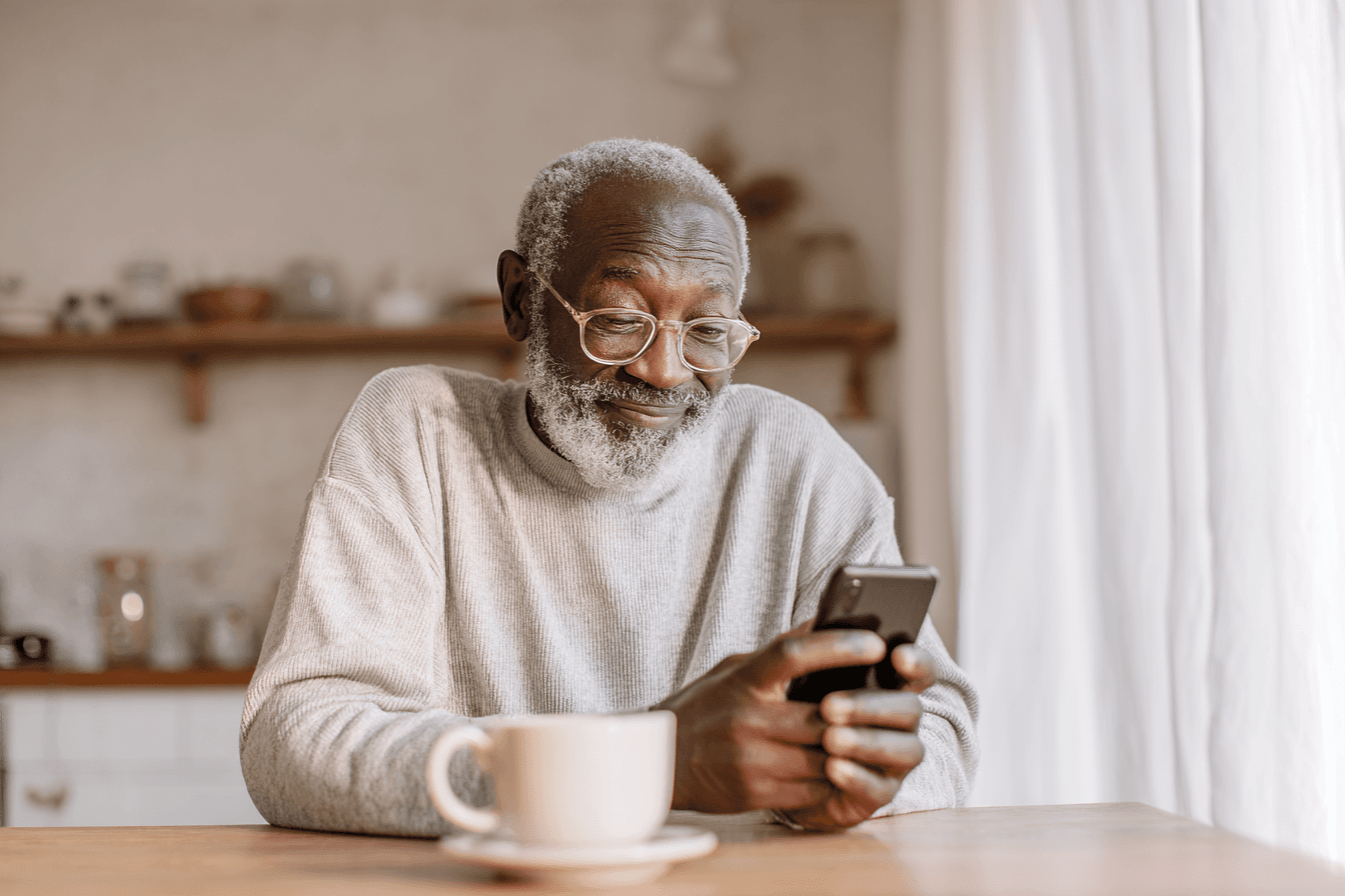 An older man reading a quiet message on his phone over morning coffee